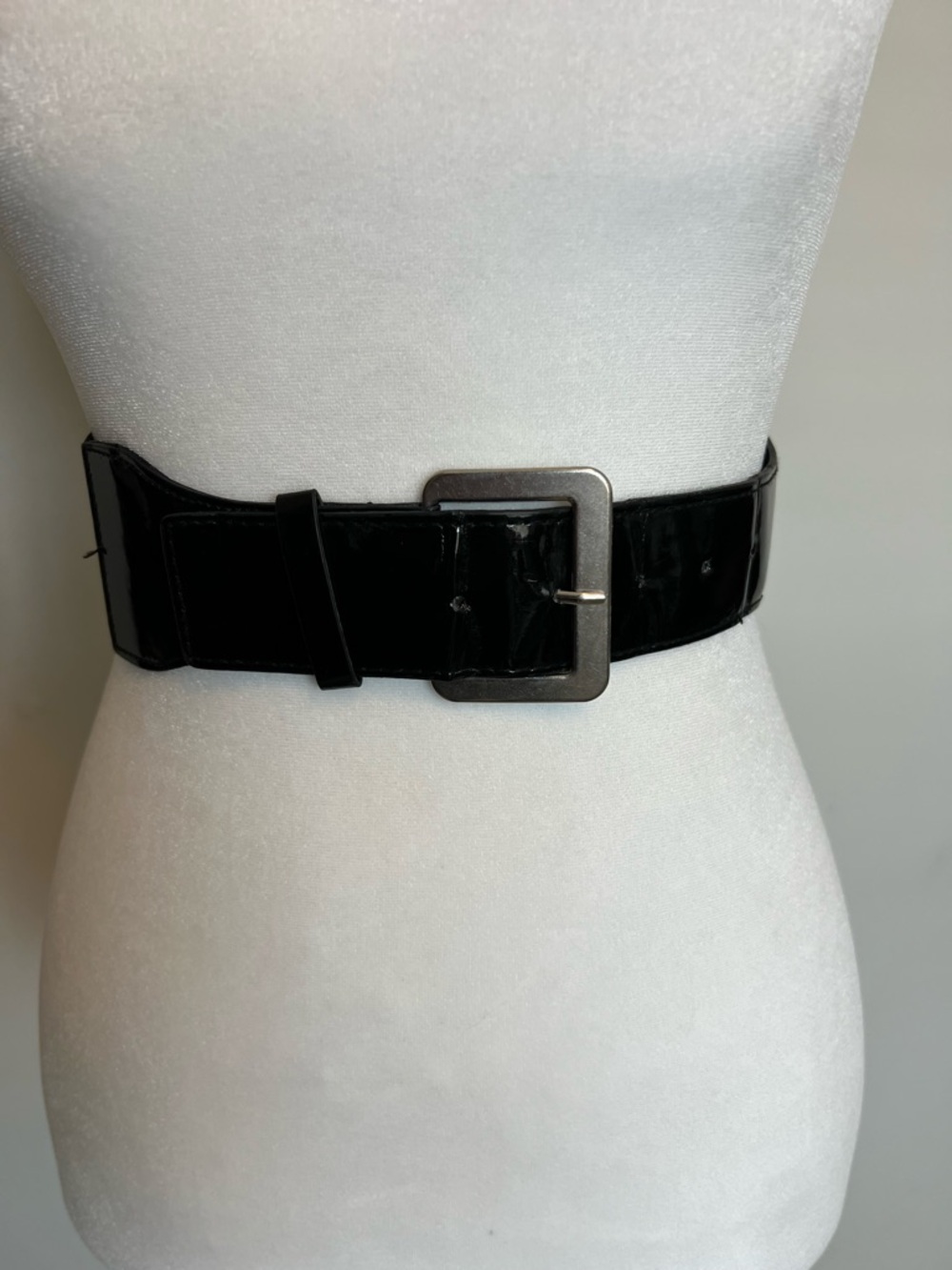 Wide Black Patent Leather Stretch‎ Waist Belt with Square Buckle